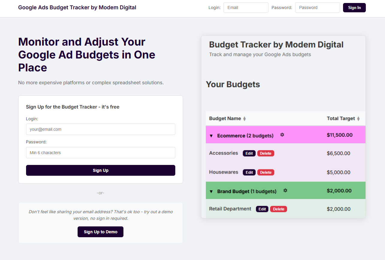 Budget Tracker landing page with sign up form