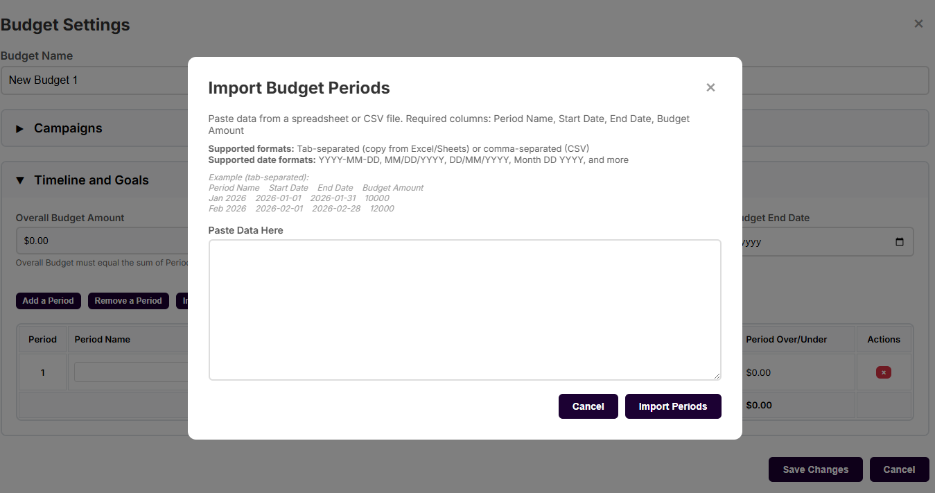 Import budget periods dialog